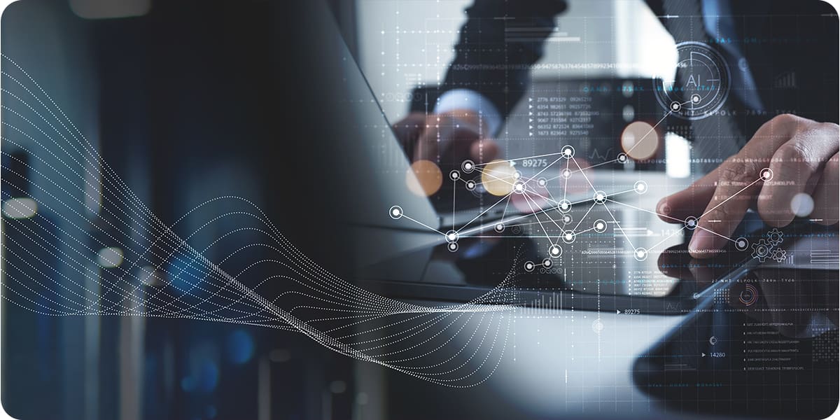 Graphic of man using software on a tablet