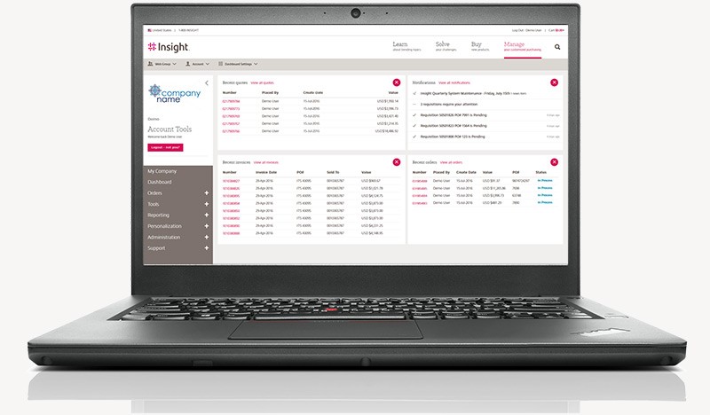 Lenovo  laptop computer with Insight custom dashboard displayed on screen.